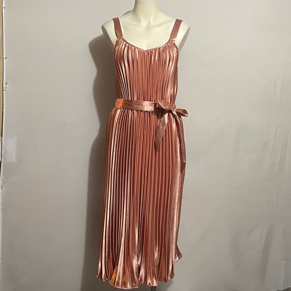 Vici Rose Gold Pleated Midi Dress Sz Small - Picture 2 of 7